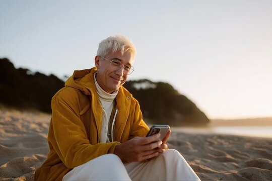 Elderly caucasian male enjoying beach sunset while using smartphone outdoors