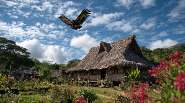 Authentic Embera Community House in Panama with Eagle Soaring Against a Cloudy Sky and Colorful Garden Blooms