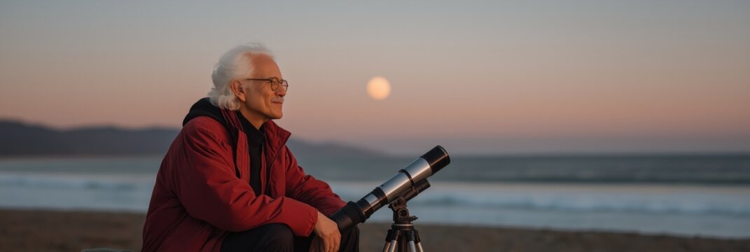 Elderly caucasian male stargazing on beach at sunset with telescope