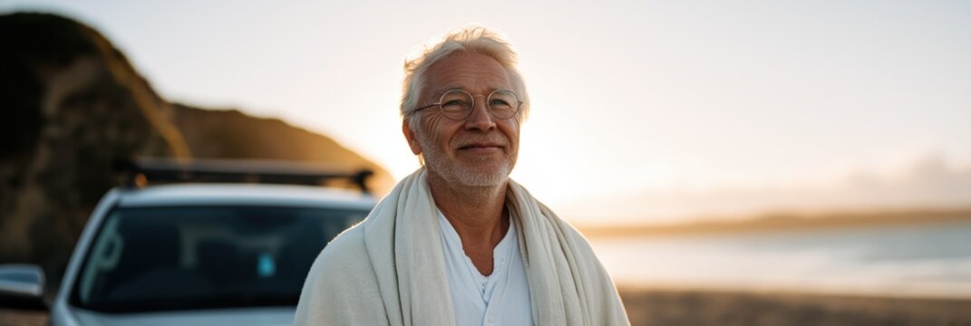 Elderly caucasian male enjoying sunset at beach with car in background - Powered by Adobe