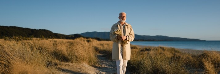 Elderly caucasian male walking on beach holding dry grasses in serene landscape