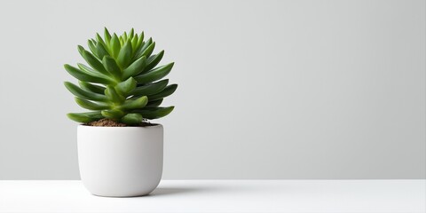 Green succulent in a white pot on a minimalist surface against gray background