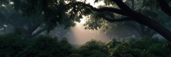 Mystical forest with sunlight breaking through dense tree canopy