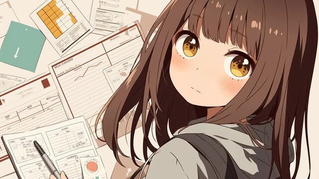収支報告をするアニメ調の美少女