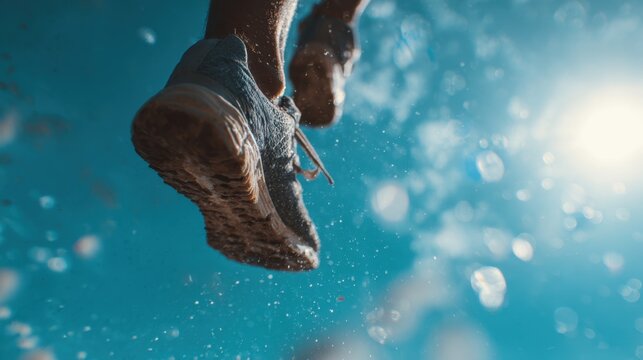 Dynamic low angle view of running shoes on a sunny day for sports enthusiasts and motivational design,Commitment Day - Powered by Adobe