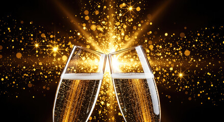 The moment of clinking champagne glasses. Celebrations, New Year's, and special occasions with golden sparkles and bokeh effects.