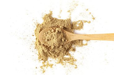 Ginger powder in wooden spoon isolated on white, top view