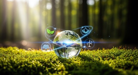 Crystal Earth Globe with Renewable Energy Icons on Dewy Moss, Illuminated by Sunbeams