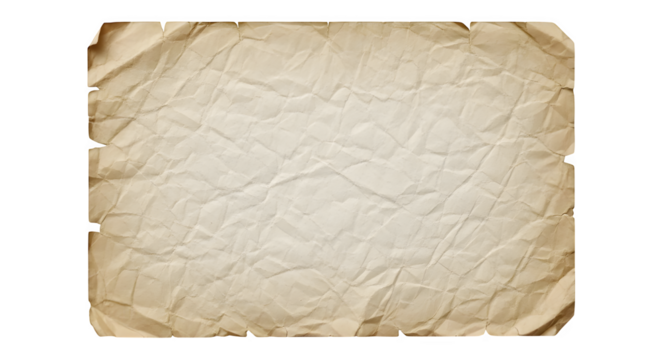 Old crumpled parchment paper with burnt edges isolated on transparent background