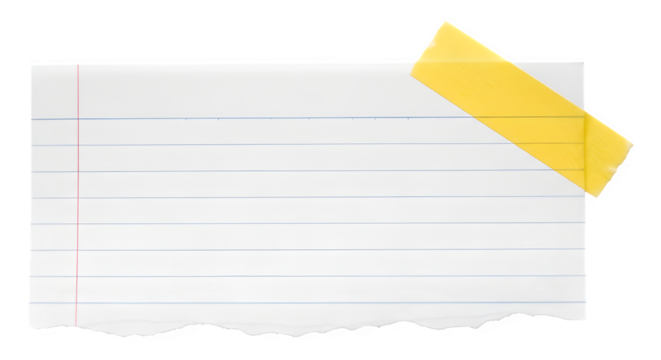 Torn lined paper note with yellow tape isolated on transparent background
