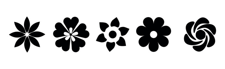 Collection of five stylized black flower icons on a white background