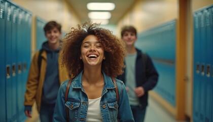 Diverse group of smiling teenagers walk down school hallway by lockers. Friends laugh together, enjoying campus life and learning. Youthful students, back to school vibe.