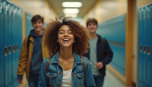 Diverse group of smiling teenagers walk down school hallway by lockers. Friends laugh together, enjoying campus life and learning. Youthful students, back to school vibe.