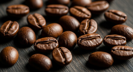 Close-up of richly textured dark roasted coffee beans.
An extreme close-up view of freshly roasted, whole coffee beans scattered across a dark, textured surface