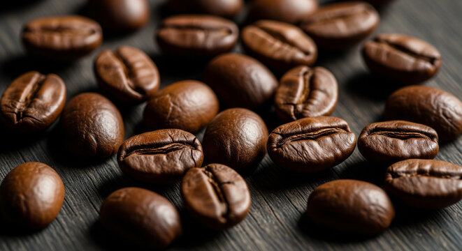 Close-up of richly textured dark roasted coffee beans.
An extreme close-up view of freshly roasted, whole coffee beans scattered across a dark, textured surface