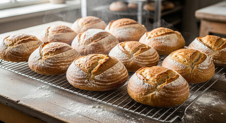 Freshly baked golden sourdough loaves cooling on a rack.
A tantalizing close-up of a batch of freshly baked, artisanal sourdough bread loaves