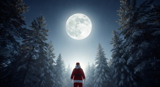 Man santa claus looking at full moon in snowy winter forest at night with falling snow, magical Christmas scene for holiday concept.