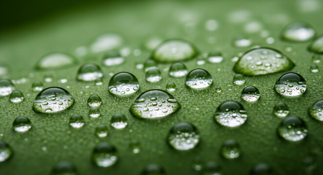 Detailed macro view of fresh water droplets on a vibrant green leaf.
Extreme close-up shot capturing numerous perfectly spherical water droplets resting on the textured surface of a lush green leaf
