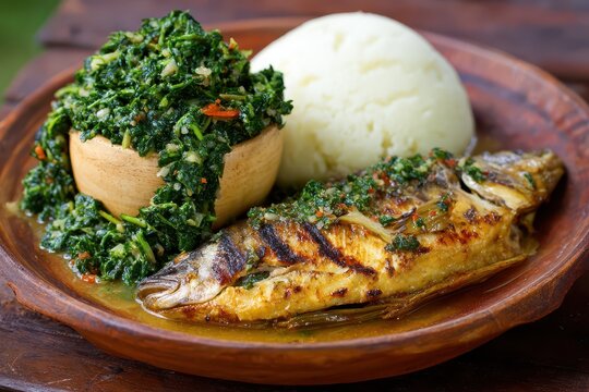 Closeup of Ugali Served with Fresh Fish and Greens - Traditional Tanzanian Lunch Experience