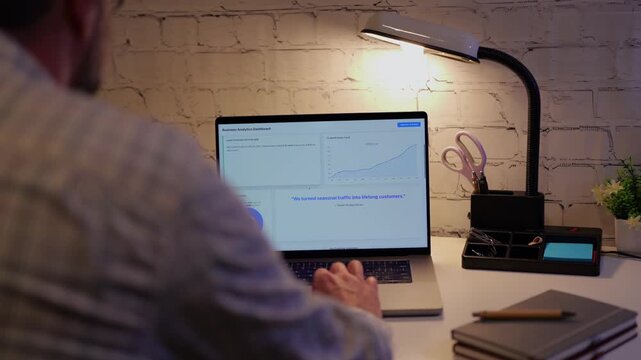 Middle Aged Male Businessman Viewing Annual Business Analytics Dashboard Fueled by Holiday Sales and Specials - Business Intelligence Analyst Concept