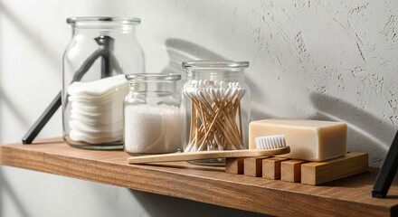 Zero-waste bamboo bathroom products on a wooden shelf in sunlight
A sustainable and eco-friendly collection of bathroom essentials arranged neatly on a wooden shelf