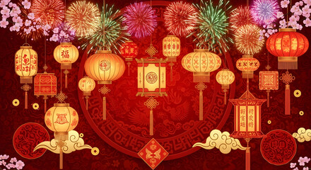 Traditional Asian New Year background with lanterns, red and gold colors, festive fireworks, cultural and rich details