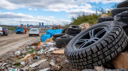 Discarded car tires scattered across an illegal landfill, highlighting pollution, waste crisis and environmental damage. Ideal for topics on recycling, sustainability and ecological awareness