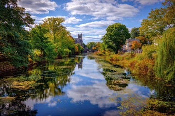 Charming Autumn Morning in Framingham Massachusetts: A Historical Town Surrounded by Lush Nature and Blue Skies