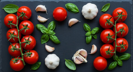 Fresh Italian Ingredients: Tomatoes, Garlic, and Basil on a Dark Slate.
A vibrant, top-down flat lay composition of essential Italian culinary ingredients arranged symmetrically on a dark