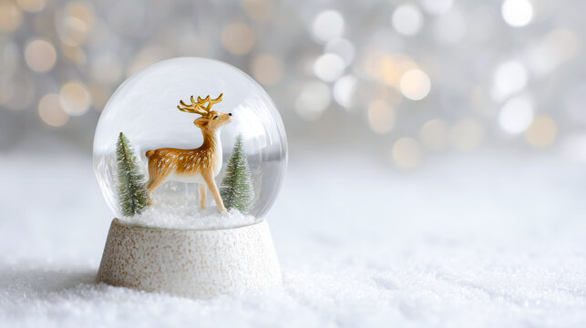 Charming Christmas snow globe with a golden deer and miniature trees in the bokeh background with area for text or design