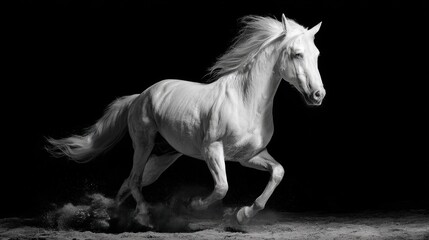 A stunning white horse runs powerfully kicking up dust in a dramatic dark setting.