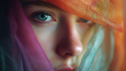 Fototapeta premium Abstract emotional portrait with translucent fabric and colorful light, expressive fine art concept. Close up of a persons face partially obscured by colorfol translucent fabric, soft focus. Fine art.