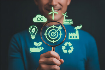 Man focuses on sustainability goals with a magnifying glass highlighting renewable energy recycling and carbon capture for a greener future and environmental responsibility initiatives