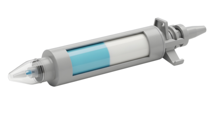Syringe with blue and white liquid for medical or scientific use isolated PNG with Transparent Background