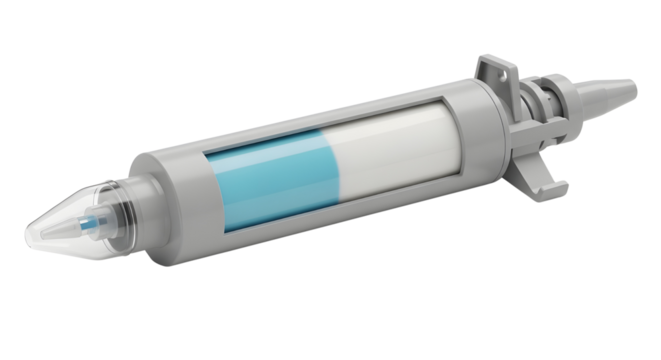 Syringe with blue and white liquid for medical or scientific use isolated PNG with Transparent Background