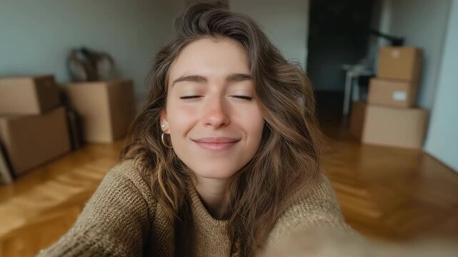A woman in front of boxes in an apartment, moving to a new apartment	