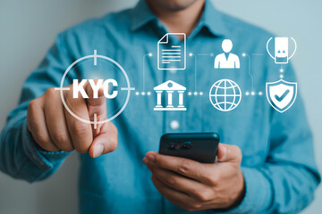 Man using smartphone for kyc verification with digital icons representing identity document security and global access showcasing modern technology and regulatory compliance