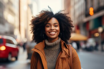 Fototapeta premium Young woman smiling happily in a busy city street