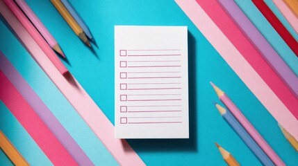 Colorful stationery and checklist on vibrant striped background for planning and organization,Commitment Day