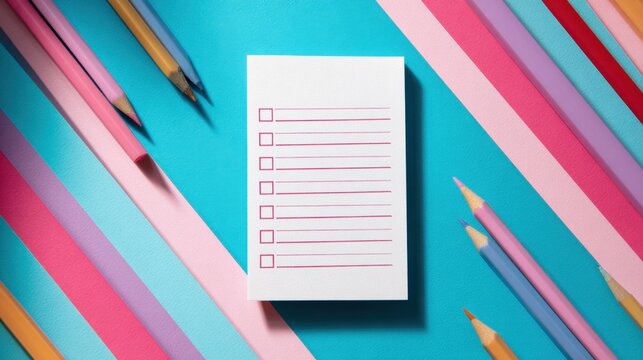 Colorful stationery and checklist on vibrant striped background for planning and organization,Commitment Day