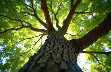 Fototapeta premium Looking up at strong tree trunk, rough bark, bright green leaves. Warm sun shines through large tree canopy on clear day. Nature background shows big branches in forest woods. Growth symbol.