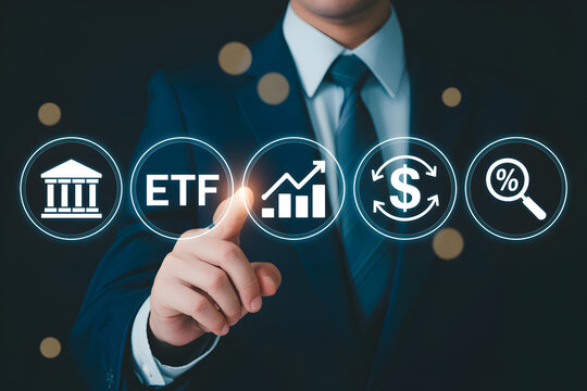 Businessman in a suit interacts with digital icons representing banking etf investment growth currency exchange and percentage analysis for financial planning and business strategy success