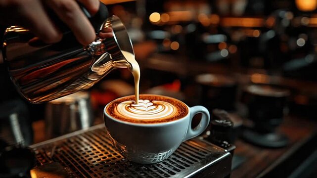 Professional Barista Pouring Steamed Milk to Create Detailed Latte Art in a Cafe Preparing Hot Coffee Drink