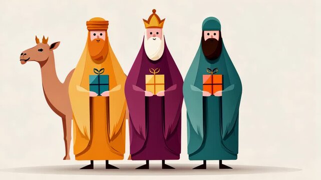 Three wise men journey with camel and gifts in animated sequence
