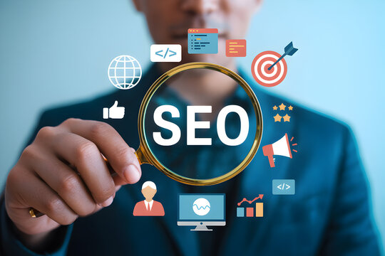 Seo specialist analyzes search engine optimization with a magnifying glass showcasing website ranking digital marketing and online business growth strategies for increased visibility and traffic