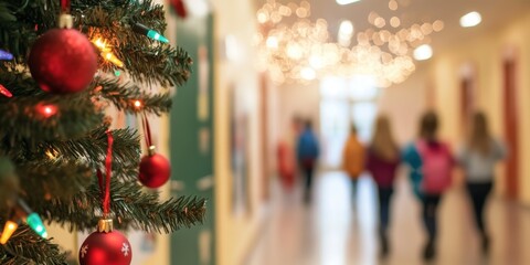 The festive hallway is adorned with Christmas decorations and lights, creating a warm atmosphere