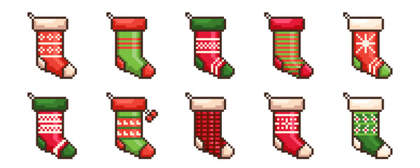 Pixel Christmas Socks game icon vector set. Retro computer 8 bit pixelated stocking holiday elements