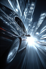 City night drive with speeding car lights