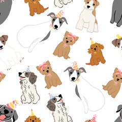 Cute Puppy Dogs with Party Hats Seamless Pattern on Transparent Background (PNG)