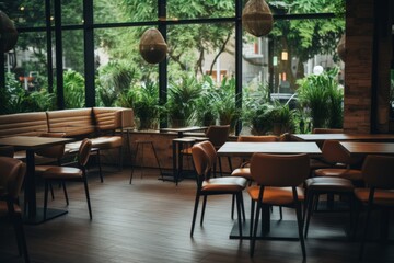 Fototapeta premium Cozy restaurant interior with empty tables and greenery